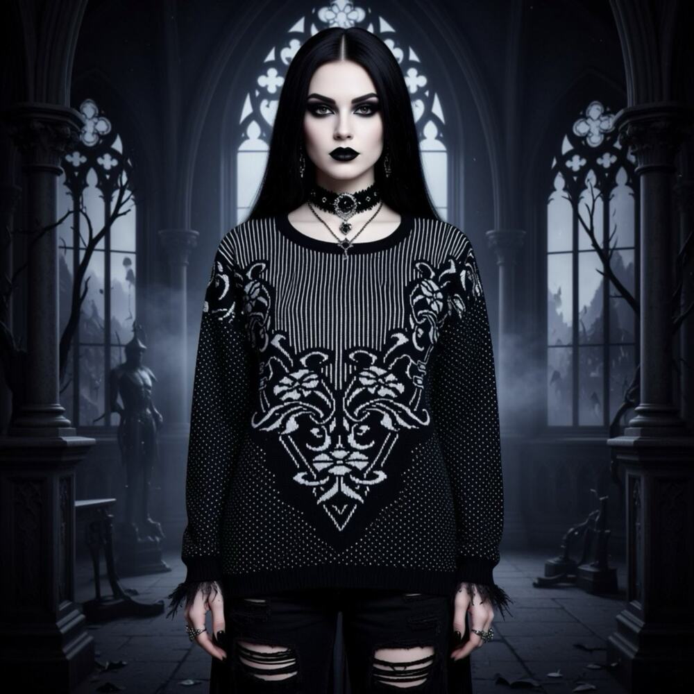 Vintage 80s USA Kate Collins Women L Sweater Gothiccore Knit Retro Black White